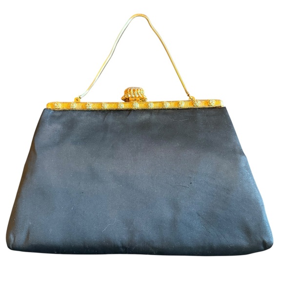 Vintage Handbags - Vintage 1950s Black Satin Evening Purse with Ornate Gold Enamel Frame